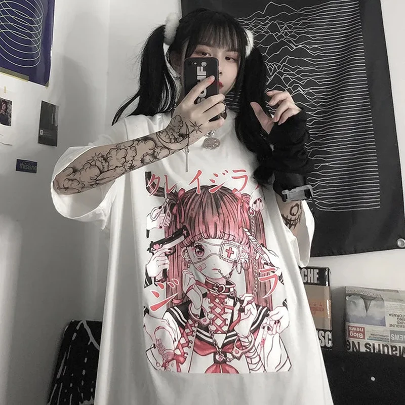 Japanese Streetwear E Girl Anime Tshirt Clothes With Arm Cover Graphic Top Harajuku Kawaii Summer Tops For Women 2022 T Shirt t shirt oversize