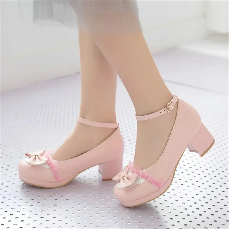 Girls Leather Shoes Brand Female Lolita Cute Mary Janes Pumps Platform High Heels Sweet Women's Party Wedding Shoes Woman