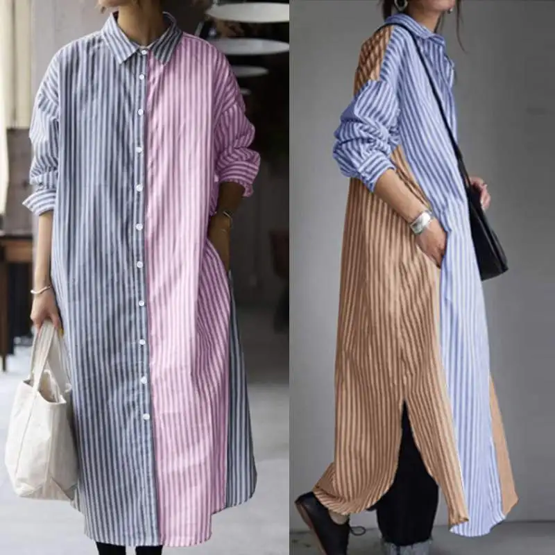 Dress Womens Button-Robe Striped Shirt Split Maxi Patchwork Long-Sleeve Zanzea Fashion