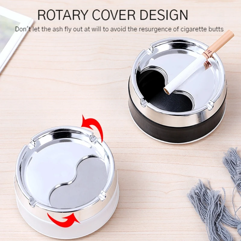 Stainless Steel Ashtray Round Windproof With Rotating Lid For Home Garden Outdoor Indoor Portable Office Sealing