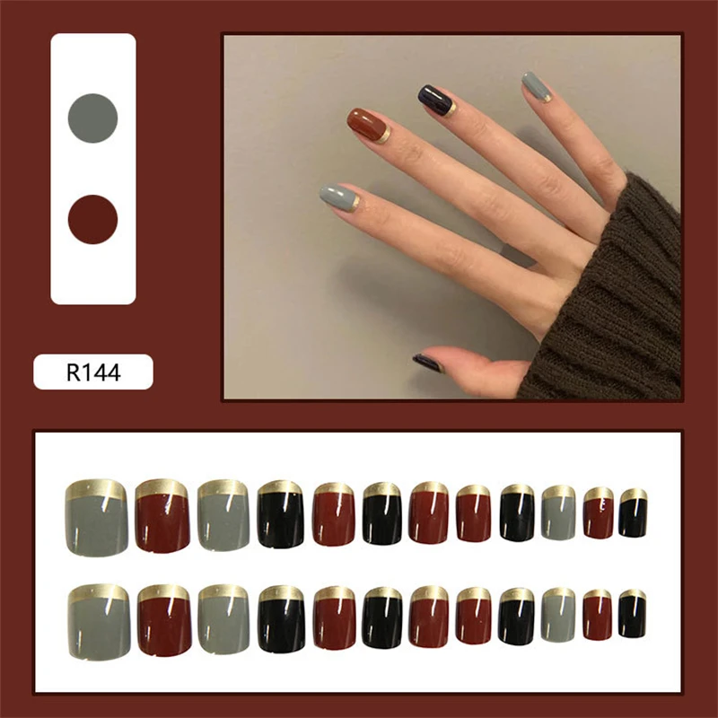 24 Sheet/Set Cute Face Fake False Nail Tips Grid Round Full Cover Glue Manicure Makeup New Design Pure Art Nail Stickers