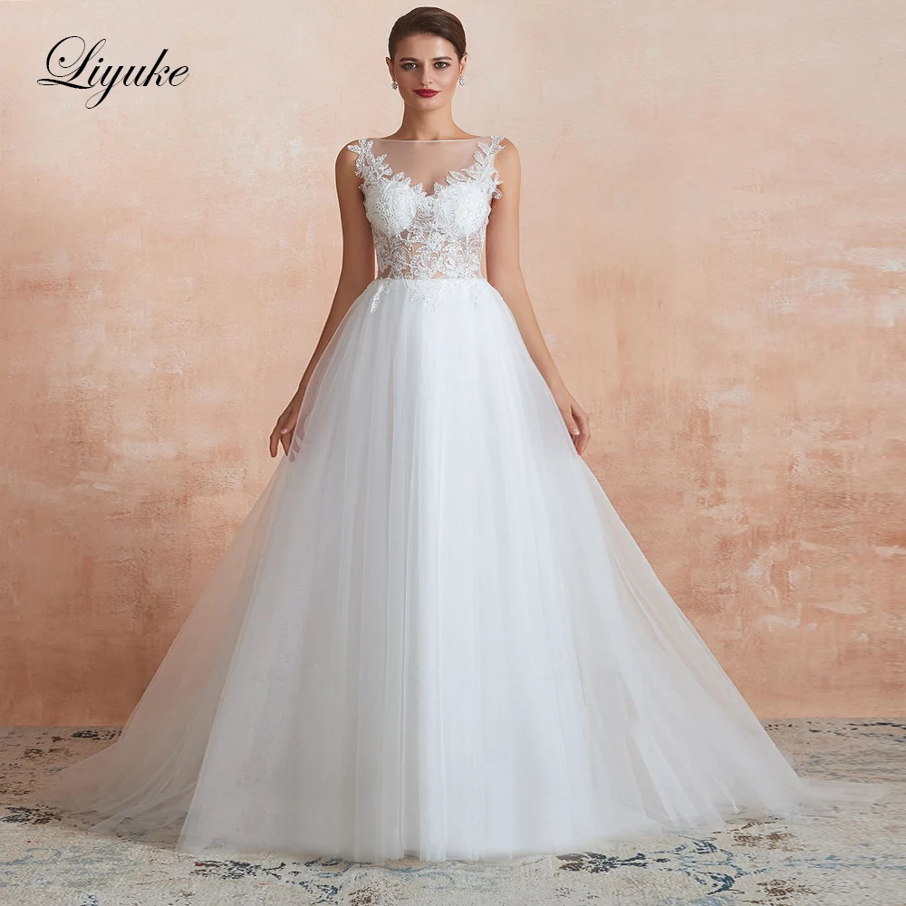 

Liyuke Sweep Train With Scoop Neckline A Line Wedding Dress Of Button Closure Simple Bride Gown