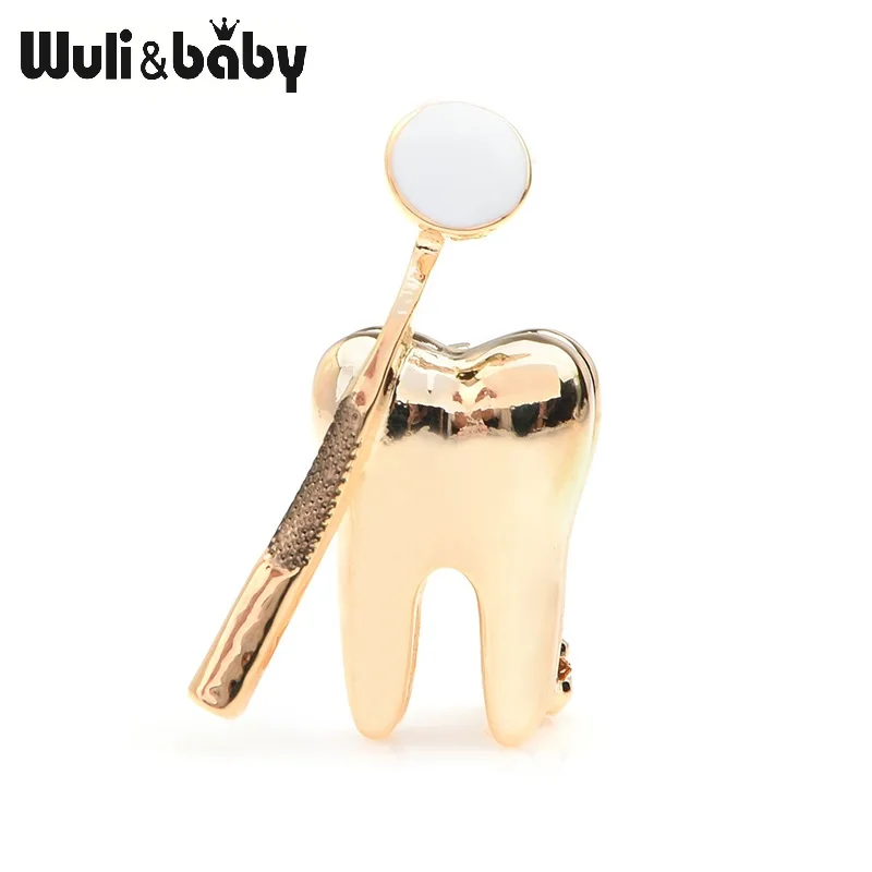 Wuli&baby, золотые, серебряные броши в виде стоматологического зеркала, для женщин и мужчин, индивидуальный стиль, брошь в форме доктора, стоматолога, булавки, подарки - Окраска металла: gold
