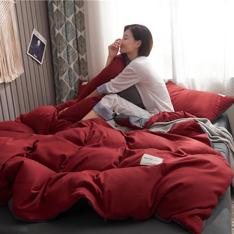 Red and gray Одноцветный Комплект постельного белья из хлопка с двойной шлифовкой 4 шт. постельные комплекты постельное белье пододеяльник простыни наволочки удобные покрывала - Цвет: Red and gray