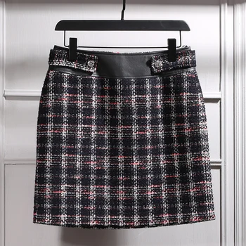 

Women Skirt 2019 Autumn / Winter Contrast Color Tweed Plaid Slim Skirt Skirt High Waist Skirt