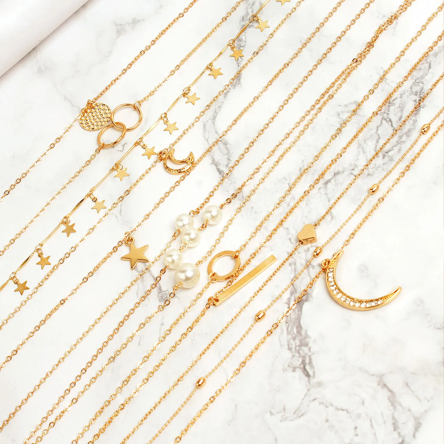 9 Pcs/ Set Simple Classic Alloy Pendant Chain Necklace Women Fashion Gold Moon Star Heart Statement Necklace