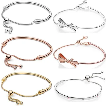 

Rose Moments Sliding Bangle Brilliant Bow Ball Adjust Bracelet Bangle Fit 925 Sterling Silver Bead Charm Fine Diy Jewelry