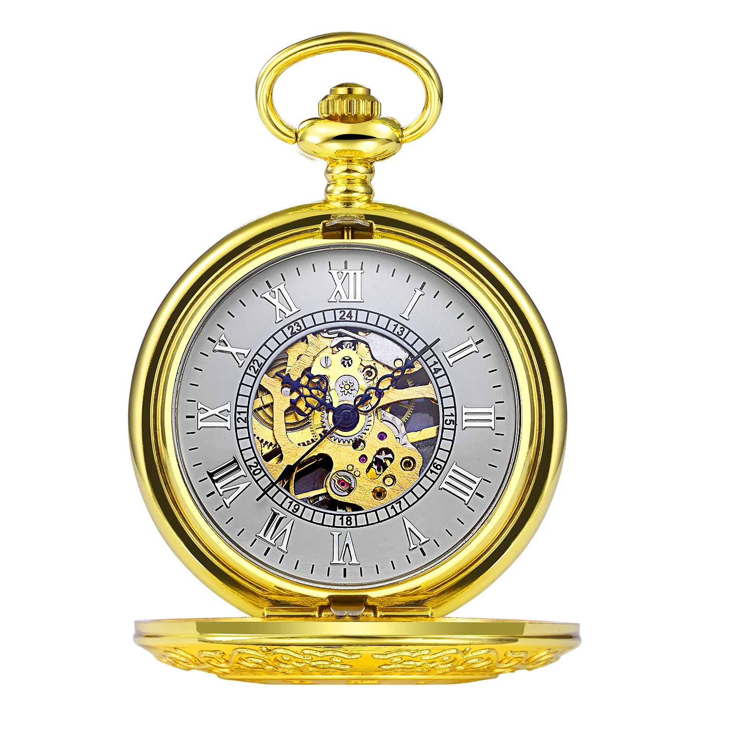 Retro Carved Automatic Mechanical Pocket Watch Fob Chain Hand Winding Full Steel Golden Pocket Watch for Men Women Gift