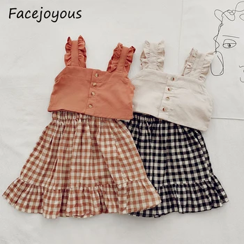 

Kids Baby Girl Clothes Set Solid Sleeveless Button Tops Vest Plaid Skirt New Summer Casual Outfit Suit Girls 3-7T