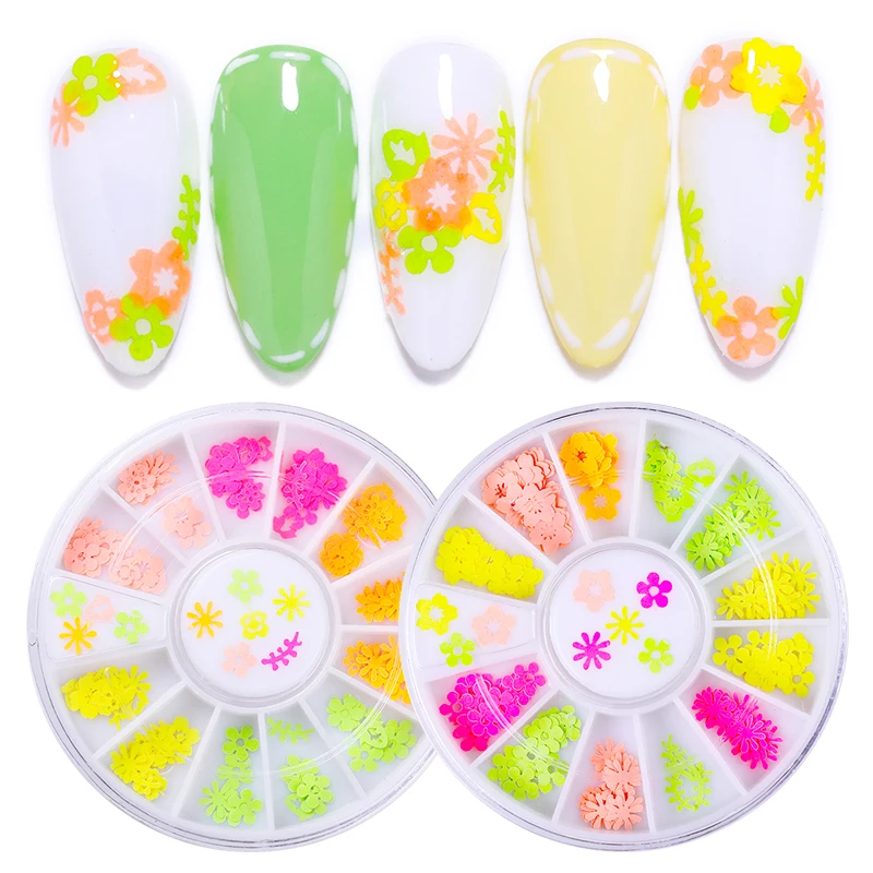 1 коробка флуоресцентный Неон 3D украшения для ногтей в колесиках смешанный размер Сердечко с вырезами в виде цветка узор блестки Стразы DIY ногтей советы