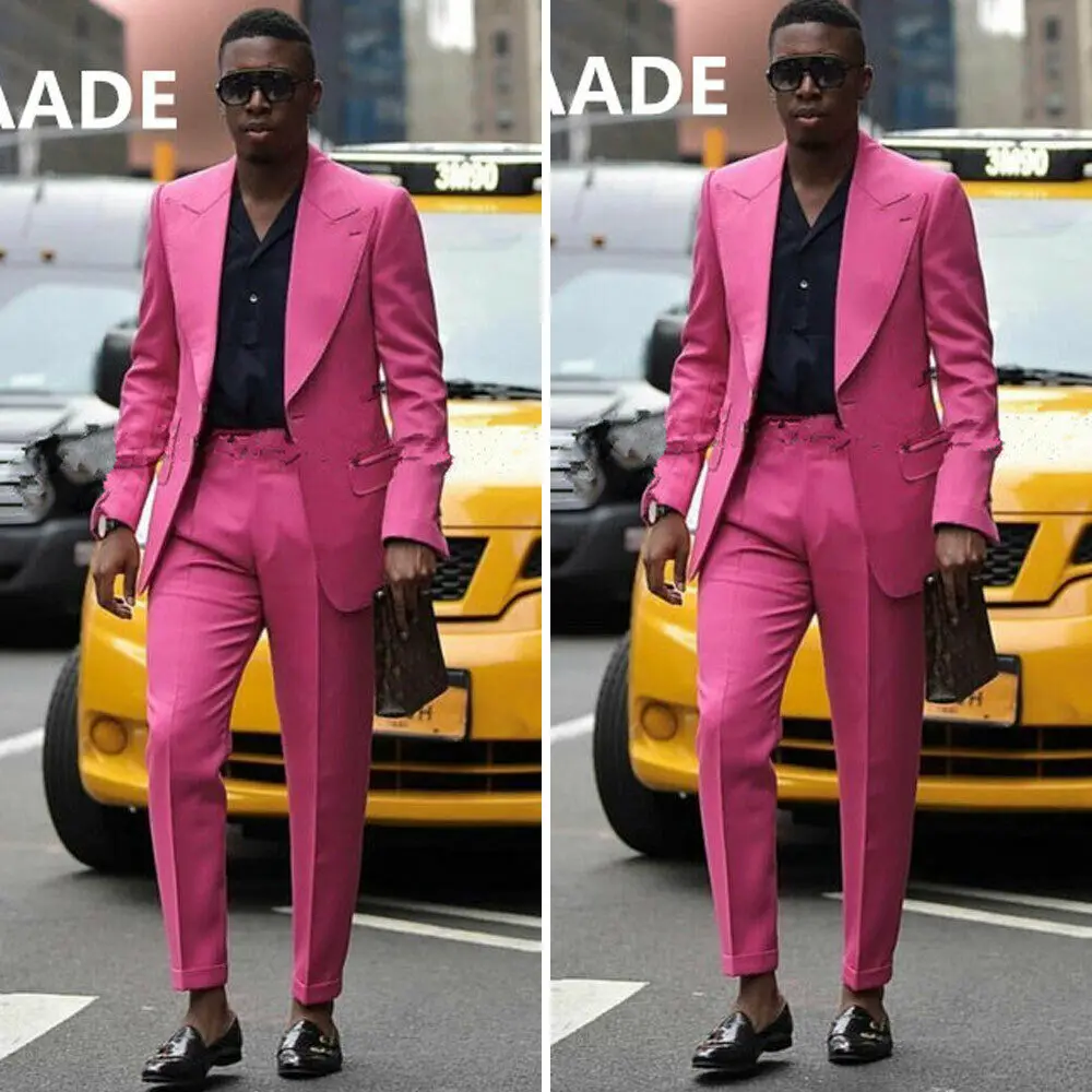 

Hot Pink Mens Tuxedos Groom Wedding Suits Slim Fit One Button Peaked Lapel Plus Size Prom Party Blazer Suit(Jacket+Pants)