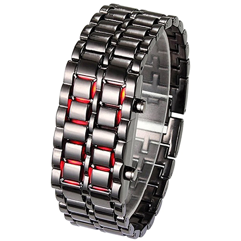 Fashion Black Full Metal Digital Lava Wrist Watch Iron Metal Red LED  For Men Boy Sport Simple Wathes