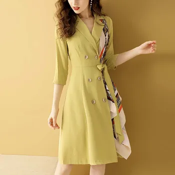 

Gedivoen Fashion Designer Autumn Dress Women 3/4 Sleeve Print Patchwork Belt Slim Asymmetrical Dress Elegant Knee-Length Dresses