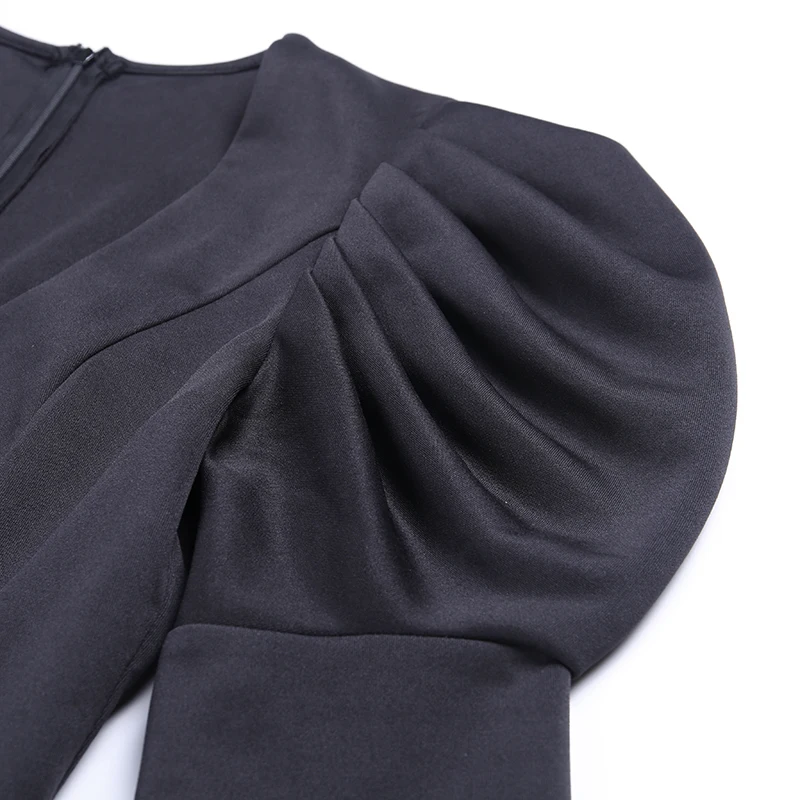 InstaHot, черное, с глубоким v-образным вырезом, элегантное сексуальное платье с пышными рукавами, облегающее и расклешенное, винтажное, тонкое платье для женщин, осенние платья для вечеринок