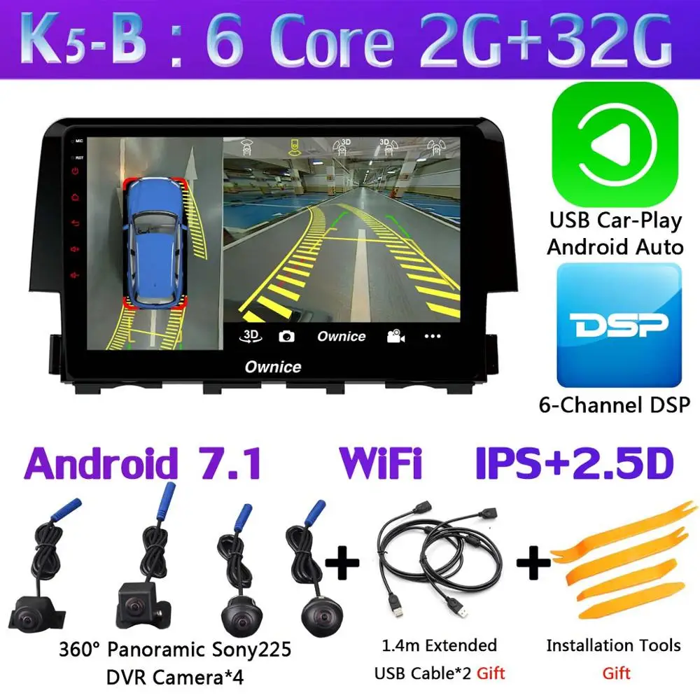 Панорамная камера на 360 ° Android 9,0 4G+ 64G gps радио CarPlay SPDIF DSP Автомагнитола плеер для Honda Civic - Цвет: K5-B-CarPlay