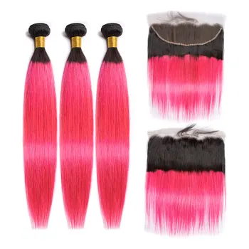 

ALIBELE Ombre Straight Hair Bundles with Frontal Colored 1B Pink Peruvian Remy Human Hair 13x4 Lace Frontal Closure With Bundles