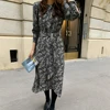 Women Summer Vintage Black and White Flower Long Rayon Dress Bodycon Sashes Long Sleeve Split Midi Sundress ► Photo 2/5