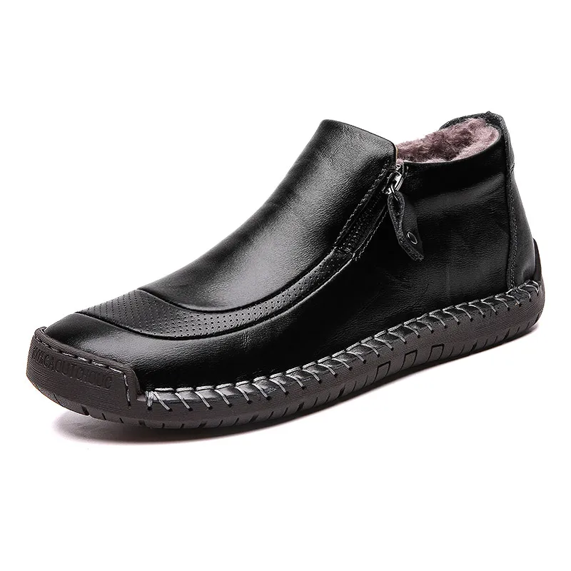 Новинка года; зимние кожаные туфли ручной работы; мужские ботинки; очень теплые плюшевые мокасины на низком каблуке; Мужская обувь; zapatos hombre; большие размеры - Цвет: with fur black