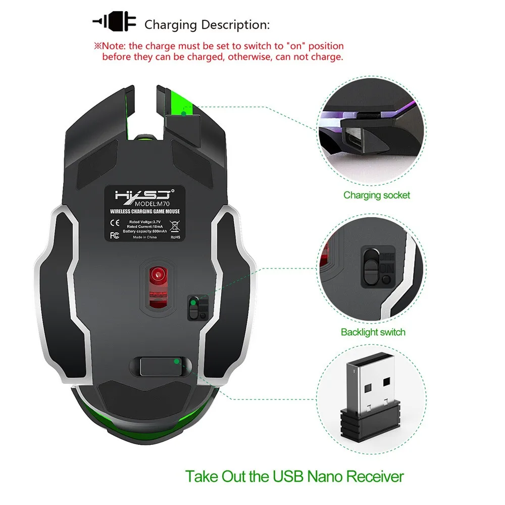 OMESHIN M70GY эргономичная Беспроводная игровая мышь с 5 кнопками+ USB приемник подсветка профессиональная игровая мышь