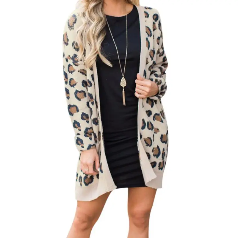 Casual Sexy Leopard Print Slim Pocket Jacket Long Sleeve Warm Long Coat Women Autumn Winter Loose Knitted Cardigan . 1