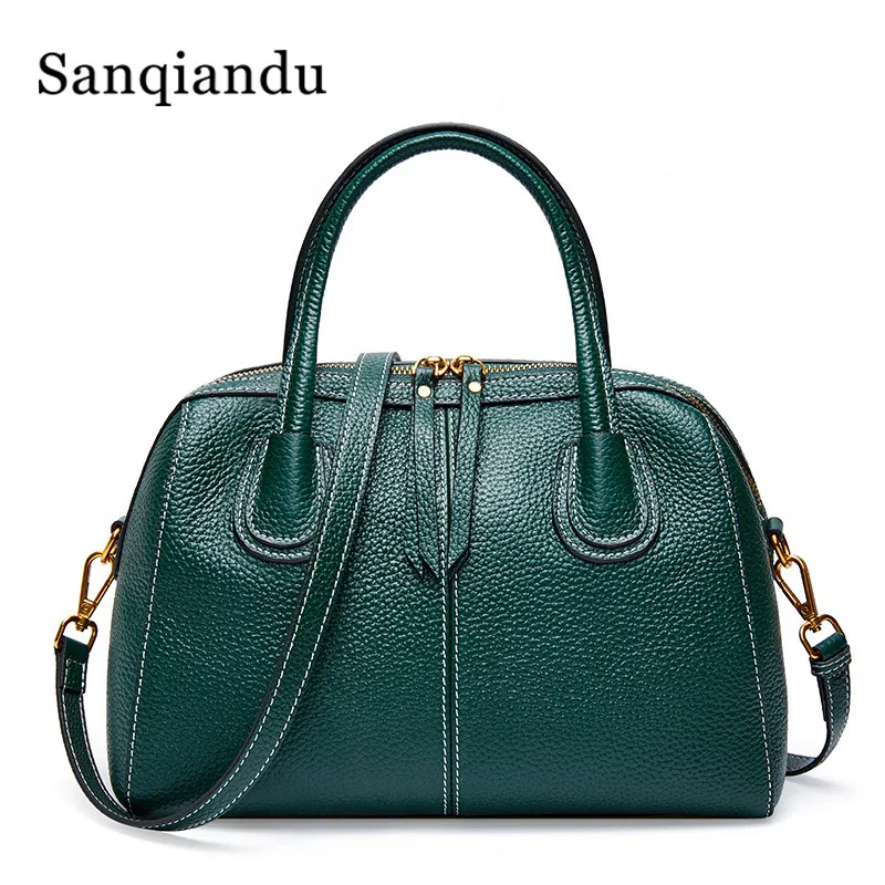 New Cowhide Genuine Leather Women Handbag Elegant Ladies Boston Shoulder Bag Messenger Bags Satchel Green Bag Totes