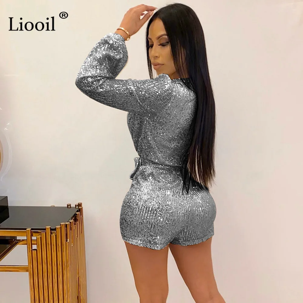 Liooil, золотой, серебряный комбинезон с блестками, женский сексуальный комбинезон для женщин,, длинный рукав, v-образный вырез, ремень, вечерние, для клуба, комбинезон, шорты