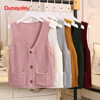 

Spring Autumn Knitted Sweater Vest Women Casual Cardigan Short Vests Femme Button Sleeveless Vintage Waistcoat Ladies Tops