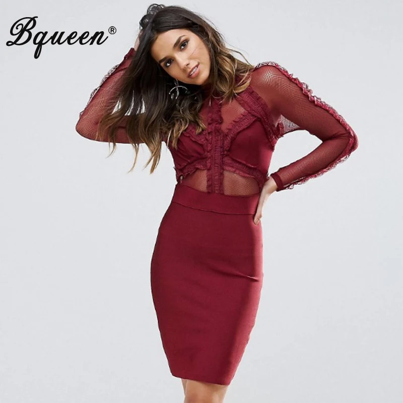 

Bqueen 2019 New Women's Sexy Sheath Long Sleeve Stand Neck Bodycon Ruffles Mini Empire Dress