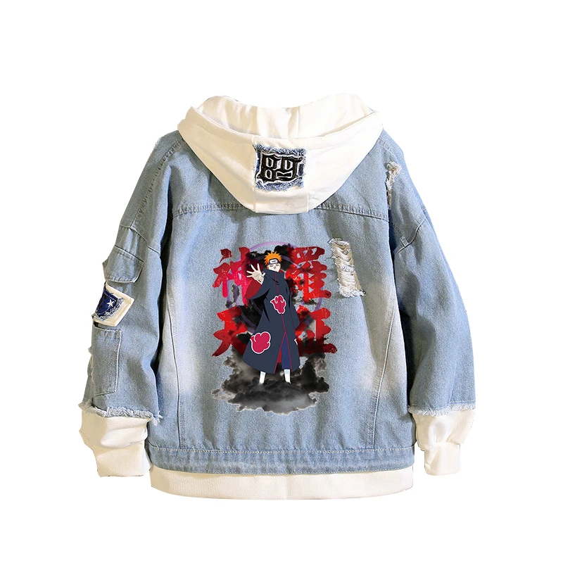 Куртка джинсовая унисекс с капюшоном и принтом Наруто | Женская одежда