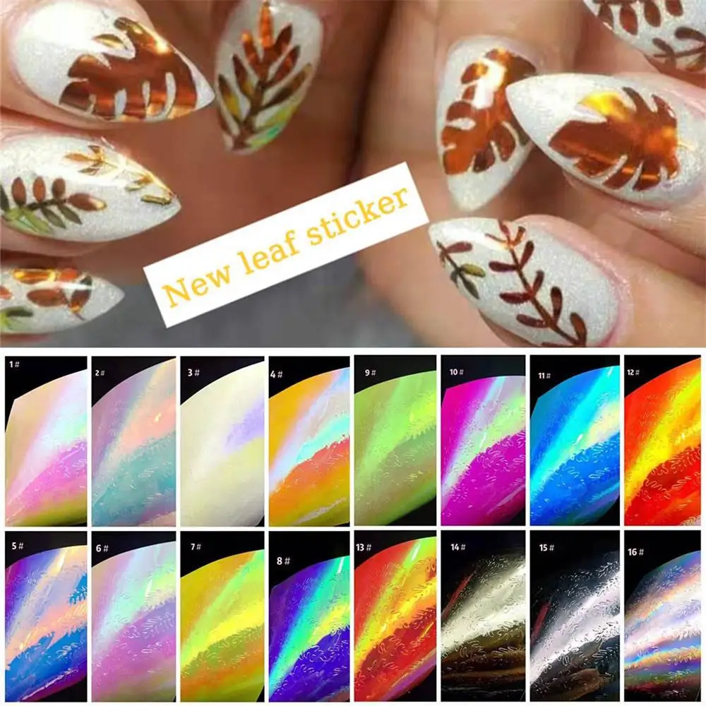 16 шт./компл. многоцветная голографическая 3D наклейка для ногтей Leaf Holo DIY Лазерная клейкая наклейка для маникюра украшения для ногтей инструменты для декалирования