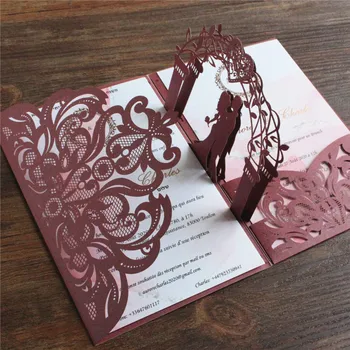 

Burgundy wedding invitation set with envelop pup -up floral laser cutting pocket Fall winter wedding cards custom design