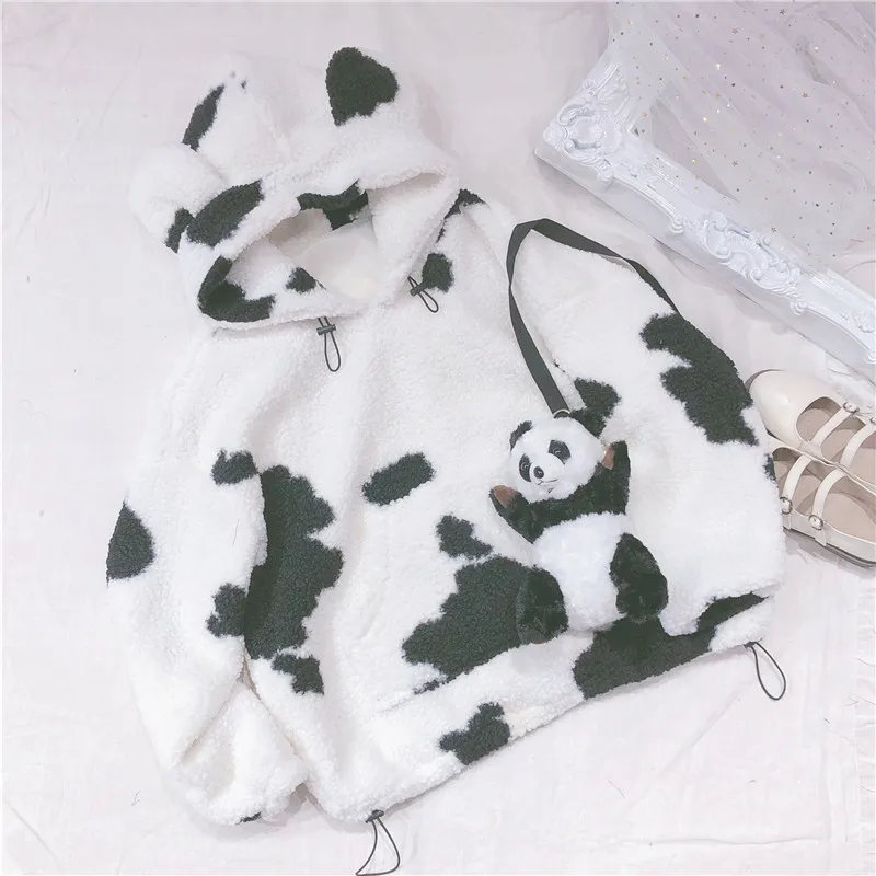 Kawaii/топы с капюшоном из овечьей шерсти с рисунком коровы; мягкий пуловер с длинными рукавами для девочек; сезон осень-зима; Harajuku; милая теплая толстовка Mori Girl - Цвет: Белый