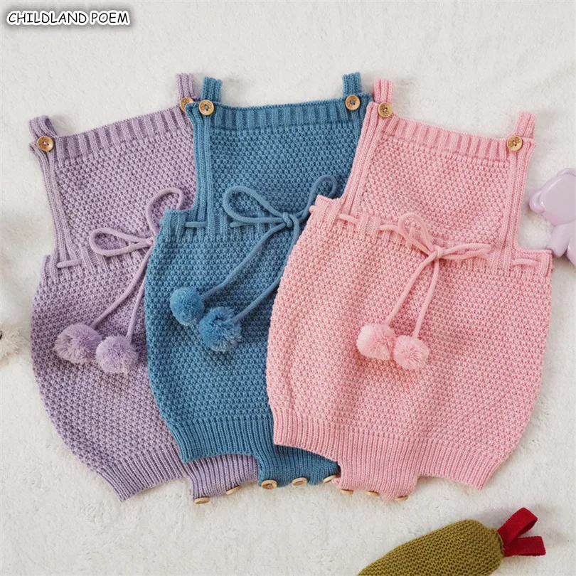 Knitted Baby Romper Sleeveless Pompom Newborn Baby Clothes Cotton Infant Baby Girl Romper Toddler Boys Jumpsuit Onesie Overalls