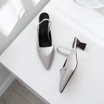 

Genuine Leather Pointed-Toe Semi-high Heeled Sandals mu wen gen Closed-toe yi xing gen Slingback with WOMEN'S Shoes