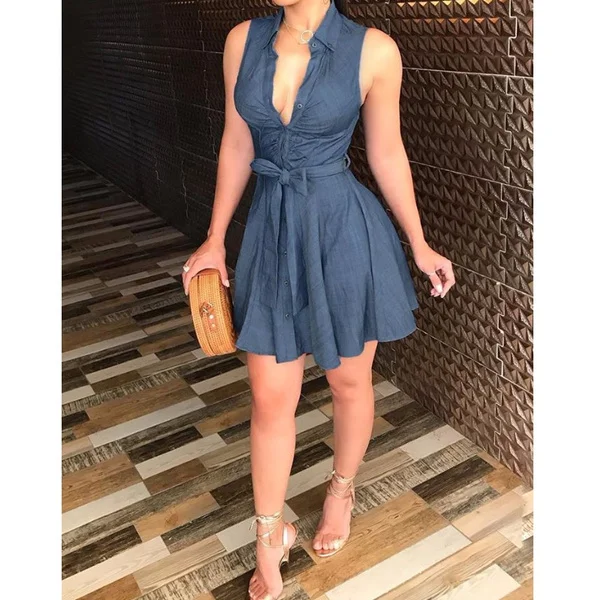 Summer Dress Women Sleeveless Mini Dress Slim Fit Lace Up Short Dresses Casual Solid Color V Neck Robe Female Over Size Vestidos party dresses for women