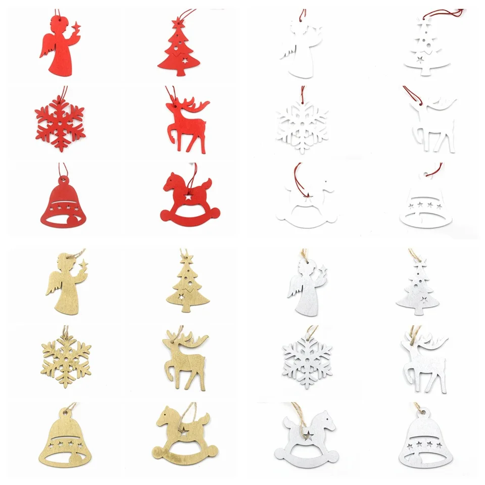 6pcs DIY White&Red Snowflakes Christmas Wooden Pendants Ornaments For Xmas Tree Ornaments Christmas Party Decorations Kids Gift