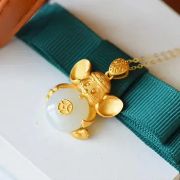 

silver inlaid natural Hetian white Chalcedony blessing mouse Pendant Necklace Chinese style retro dull cute women's jewelry