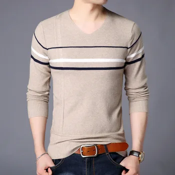 

2020 Autumn V-neck New Men's Striped Sweater Youth Pullover Color Matching All-match Fashion Bottoming Thin Sweater