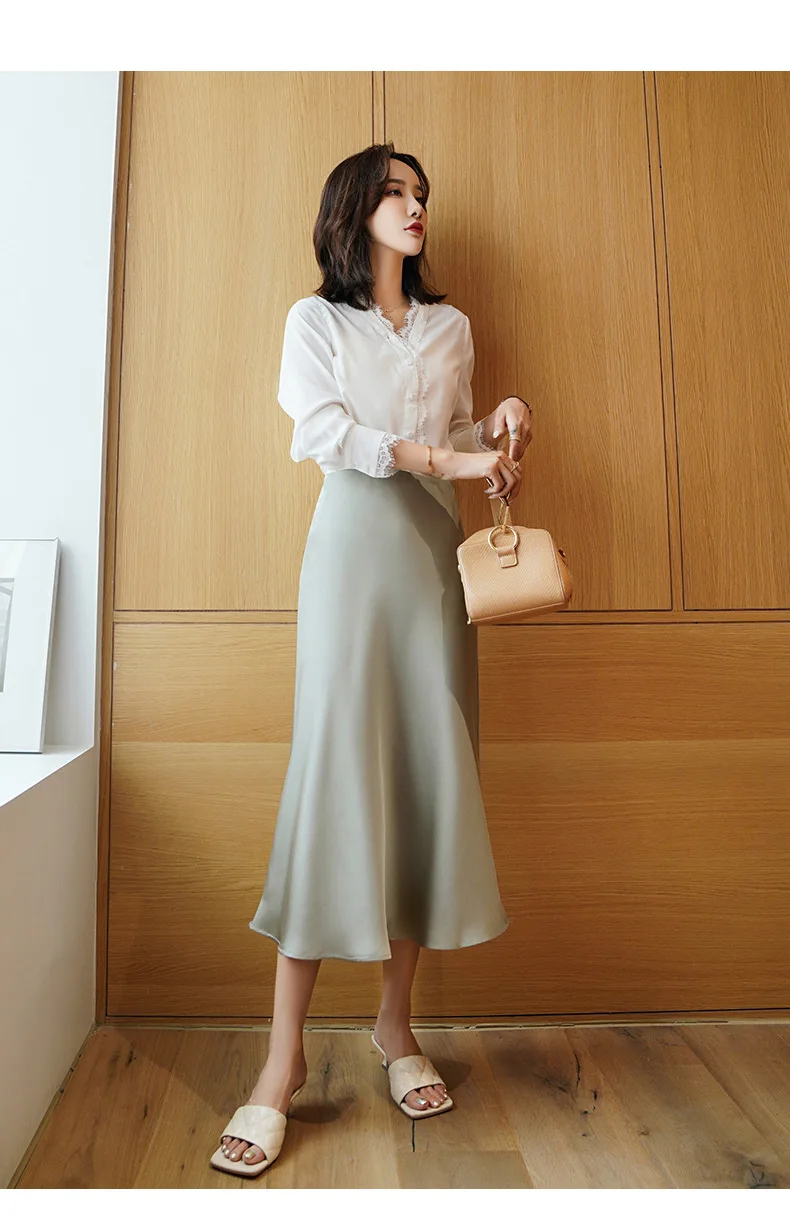 Summer Silk Midi Skirts Womens Korean England Style Satin Office Lady Simple Solid Elegant Faldas Mujer Moda Long Skirts Womens Summer Silk Midi Skirts Womens Korean England Style Satin Office Lady Simple Solid Elegant Faldas Mujer Moda Long Skirts Womens