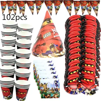 

102pcs Ninjagoing Theme Party Decoration Ninja Tableware Paper Cups Plates Baby Shower Banner Birthday Party Supplies