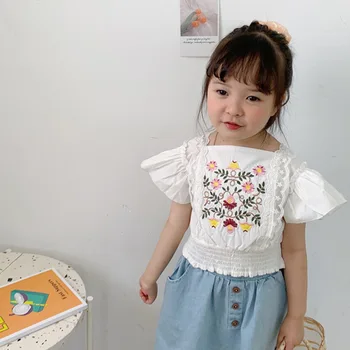 

Baby Girls White Lace Princess Blouse Korean Child Clothes Fashion Flare Sleeve Embroidery Flower Crop Tops Toddler Kids Shirt