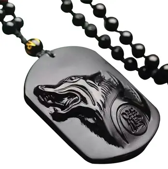 

LETSFUN Fine Jewelry pure Hand Carved Natural Genuine Obsidian Howling Wolf Head Amulet Necklace Pendant Free Shipping