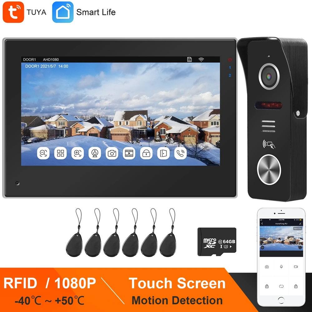 Smart Life WIFI Video Intercom for Home Wireless TUYA IP Video Door Phone System Touch Screen Monitor RFID Doorbell Camera 1080P