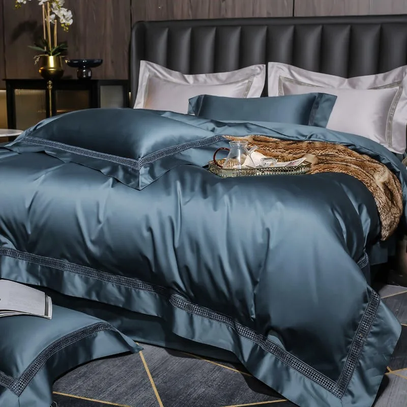 4Pcs 1000TC Premium Quality Egyptian Cotton Grayish Blue Bedding set 1Duvet Cover 1Bed Sheet 2Pillow shams Silky Soft Easy Care 2