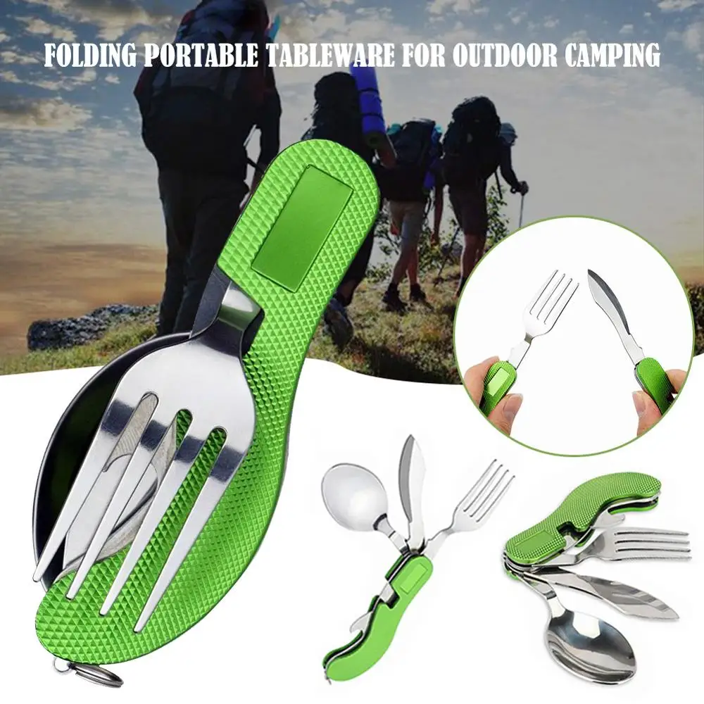 

4 in 1 Outdoor Tableware Stainless Steel Camping Folding Tableware Kits with Knife/Fork/Spoon/Bottle Opener for Hiking Survival
