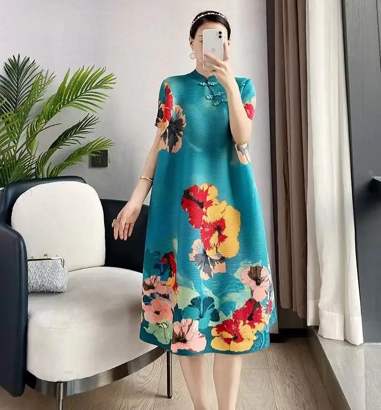 

Miyake Fold Printed Dress Skirt 2021 Summer New Color Collar Improved Retro National Style CheongSam Skirt Spot 20011#