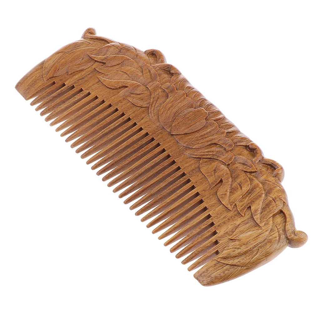 Natural Sandalwood Handmade Wood Wooden Hair Comb Double Sided Carved - No Snags, Tangle Free, Anti-Static