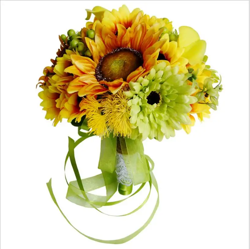 Handmade Artificial Bridal Wedding Bouquet Romantic Sunflower Rope Handle Satin Ribbon Church Party Home Decoration SPH072