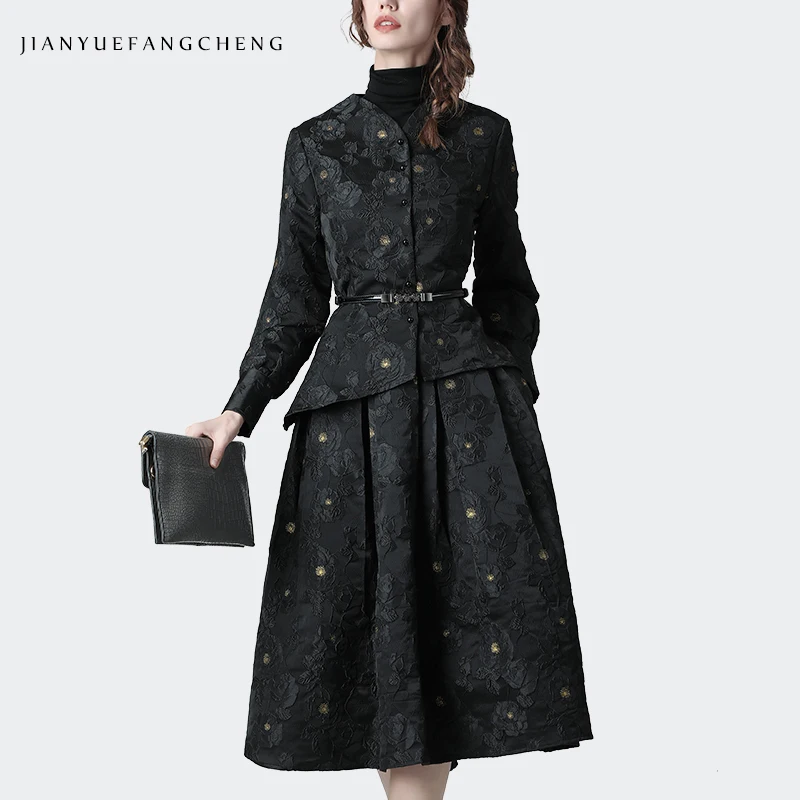 Black Комплект из 2 предметов для зрелых офисных леди: куртка и юбка, жаккардовый цветочный принт, черный теплый плотный женский осенне-зимний топ и юбка - Цвет: Black
