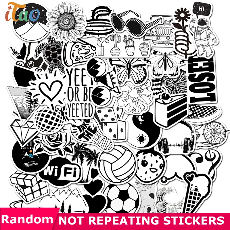 

10/20/30/40/50PCS Black And White Graffiti Stickers Waterproof PVC Skateboard Guitar Luggage Motorcycle Laptop Sticker Kids Toys